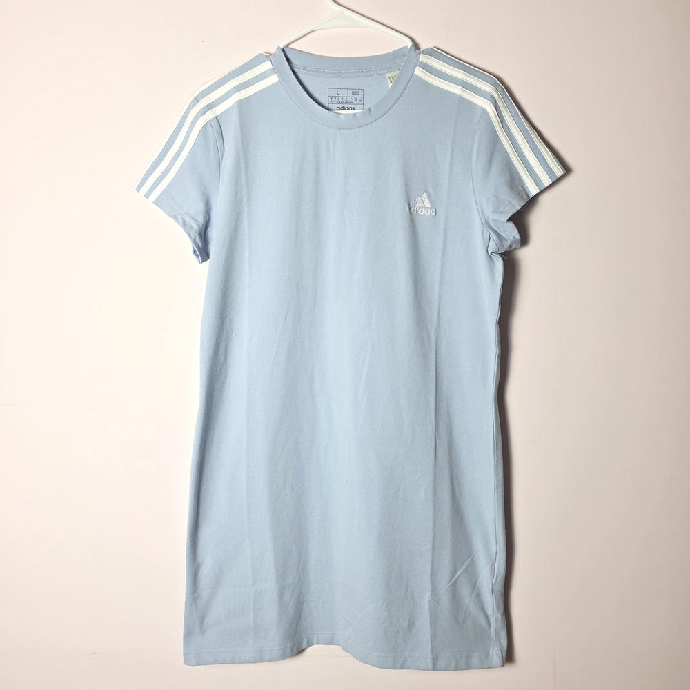 Adidas Icy Blue 3-Stripes TShirt Dress Large Slim Fit Athletic Casual Sporty NWT